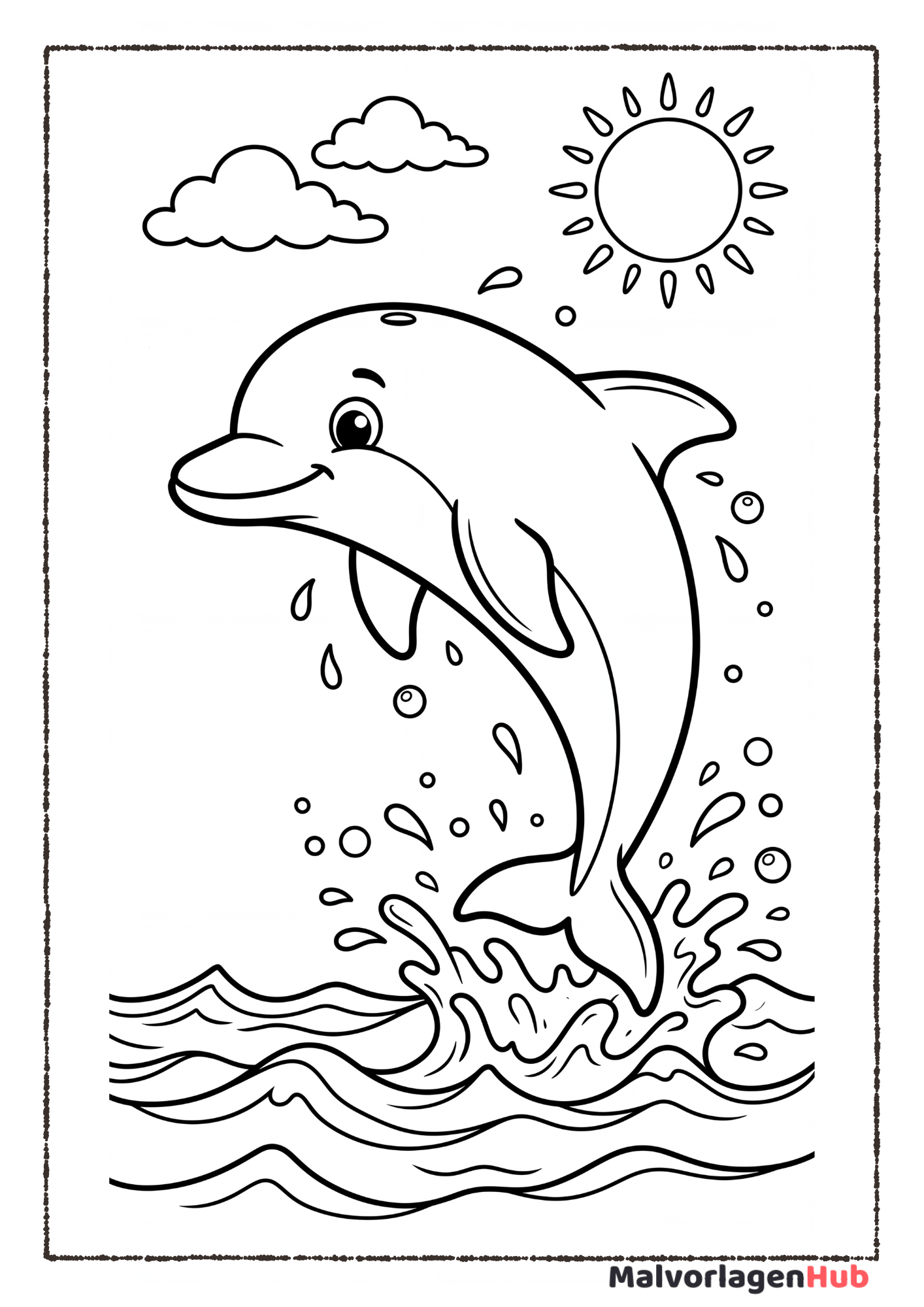 Ein fröhlicher Delfin springt aus dem Wasser – Kostenlose Malvorlage für Kinder zum Ausdrucken.