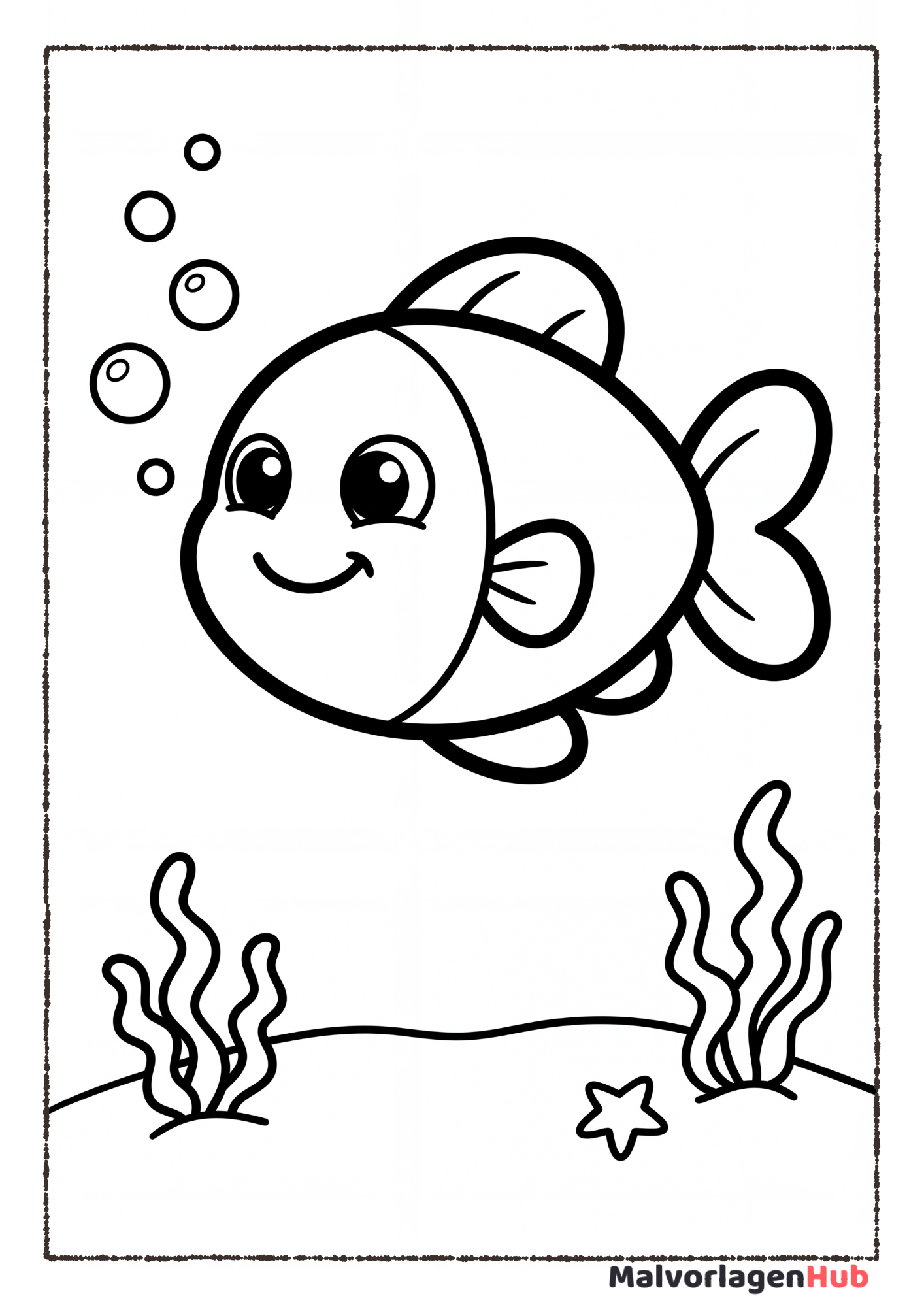 Sehr leichtes Ausmalbild eines schwimmenden Fisches für Kleinkinder und Vorschulkinder.