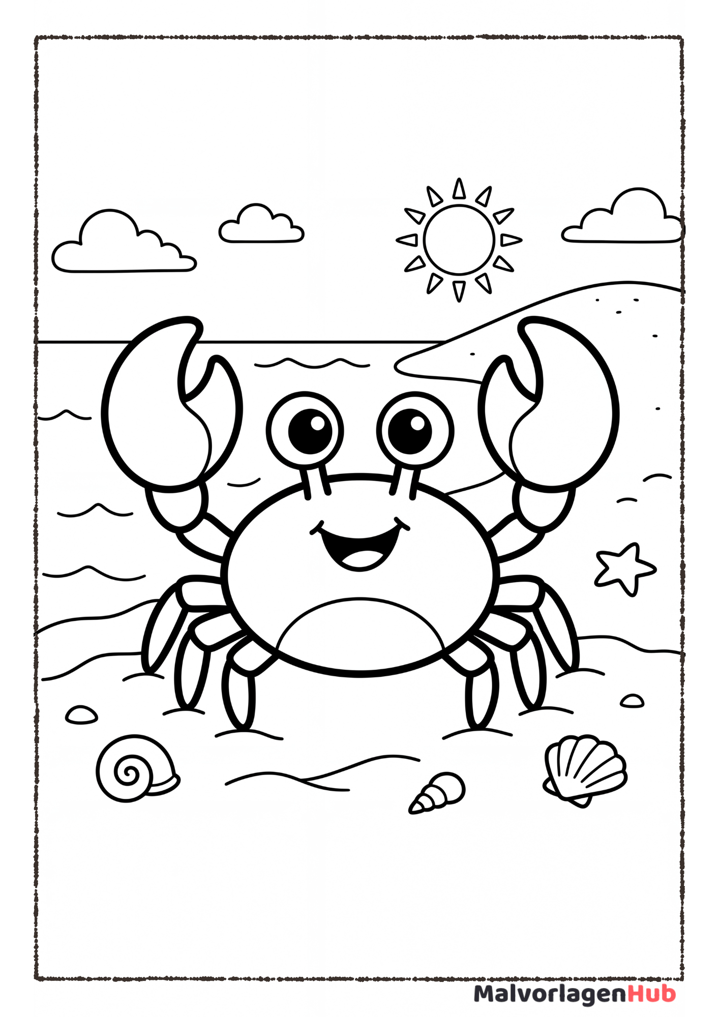 Lustige Krabbe mit großen Scheren am Strand – Kostenlose Malvorlage zum Ausdrucken.