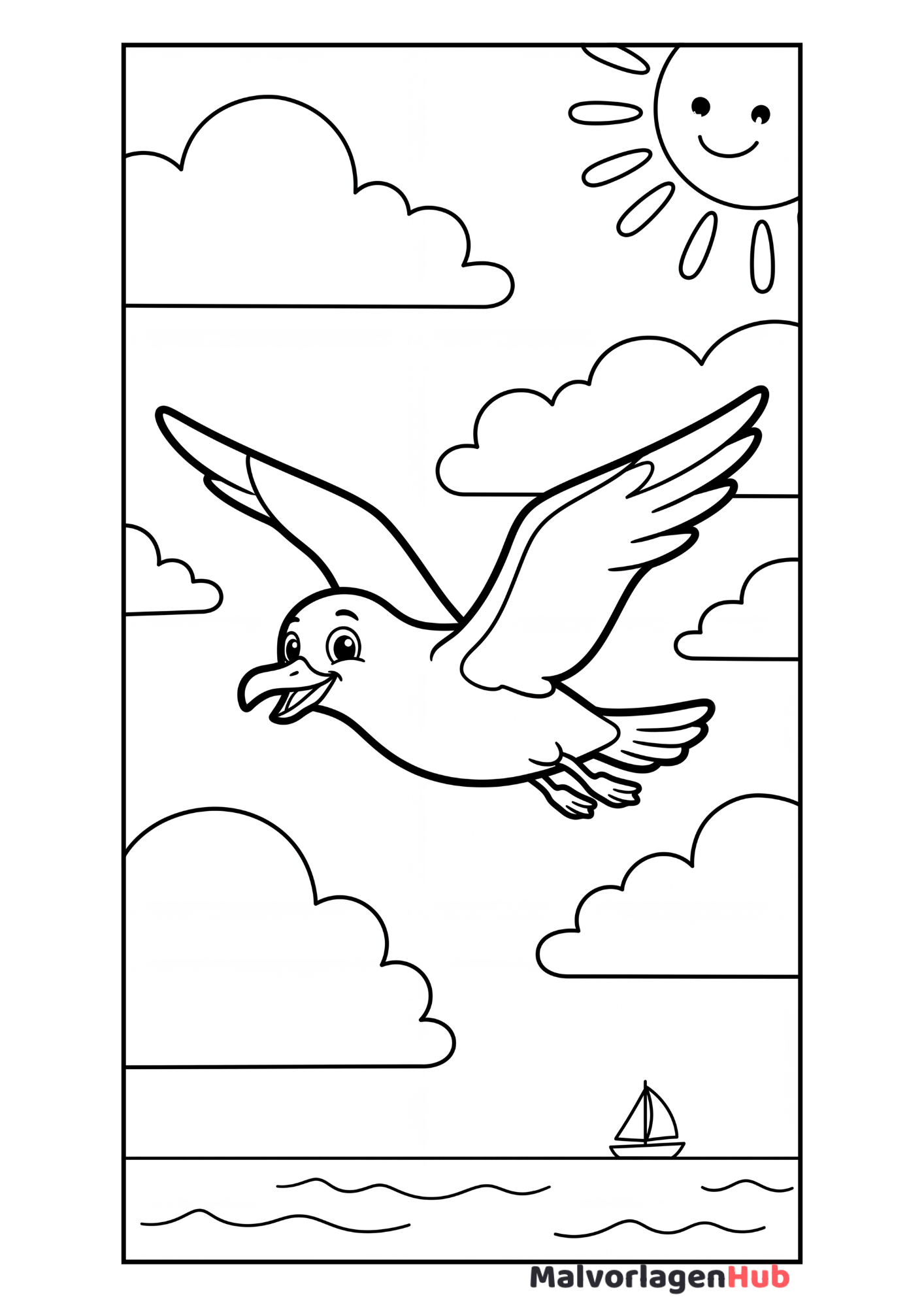 Eine Möwe fliegt über das Meer am Strand – Ausmalbild für den Sommer.