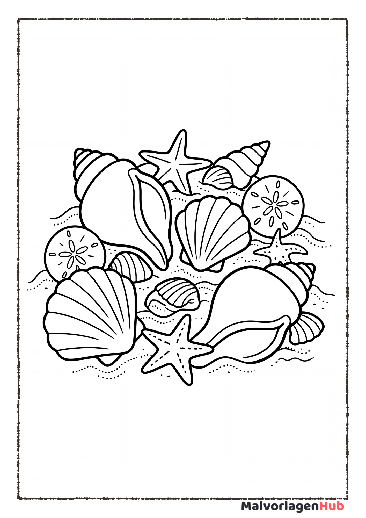 Muscheln und Seesterne – kostenlose Sommer Malvorlage zum Ausdrucken
