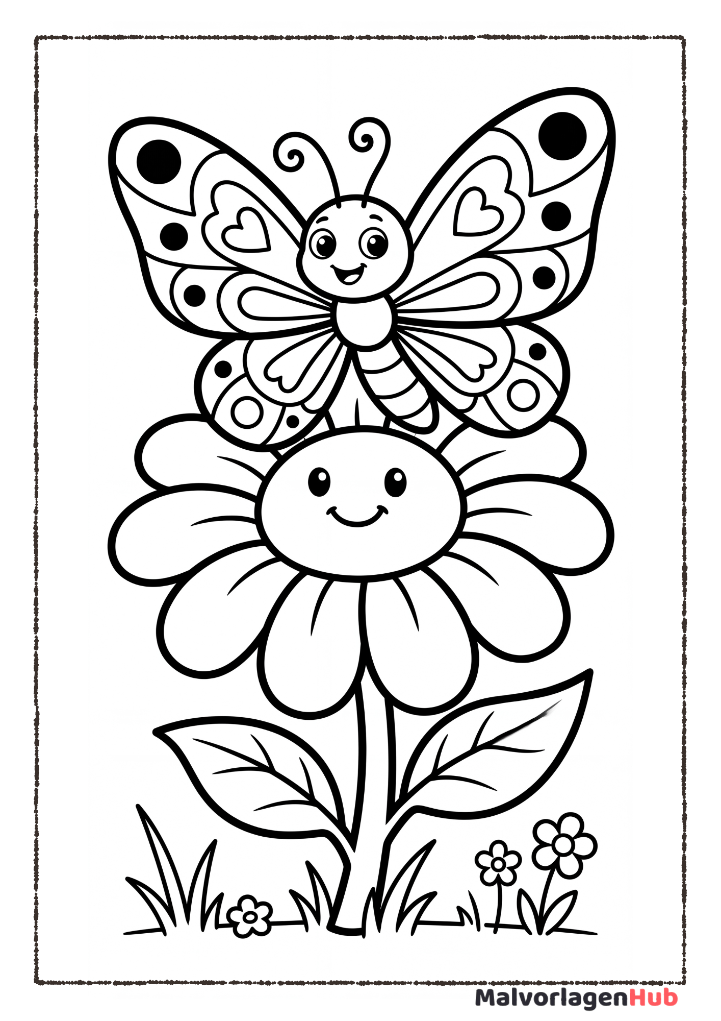 Detailreicher Schmetterling, der Nektar von einer Frühlingsblume trinkt – Malvorlage zum Ausdrucken.