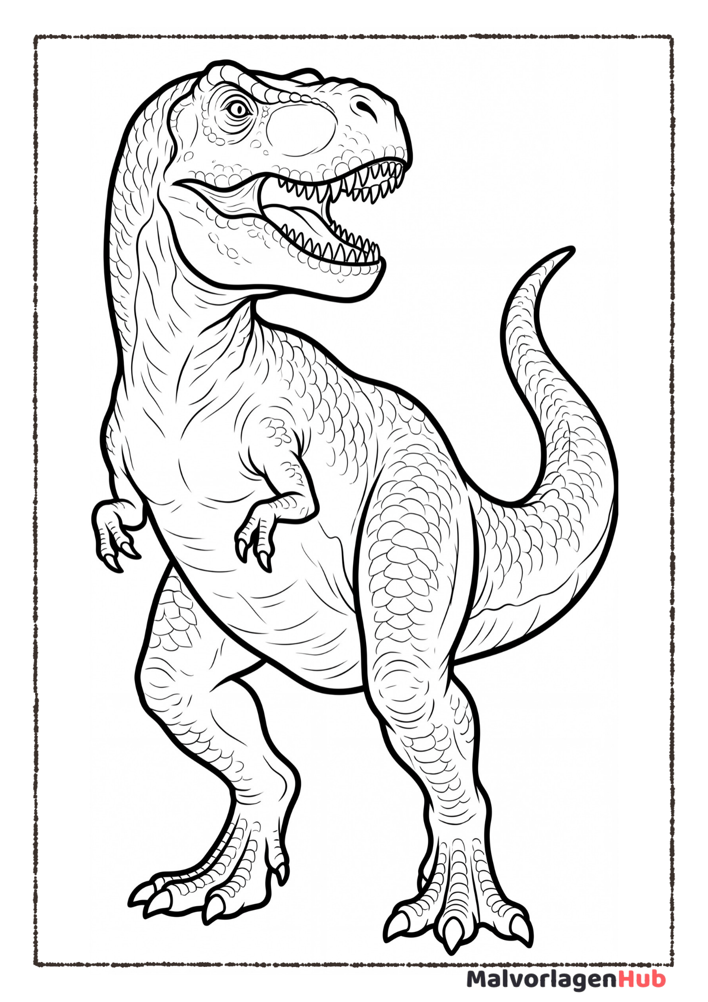 Ausmalbild T-Rex Dinosaurier stehend im Seitenprofil mit geöffnetem Maul