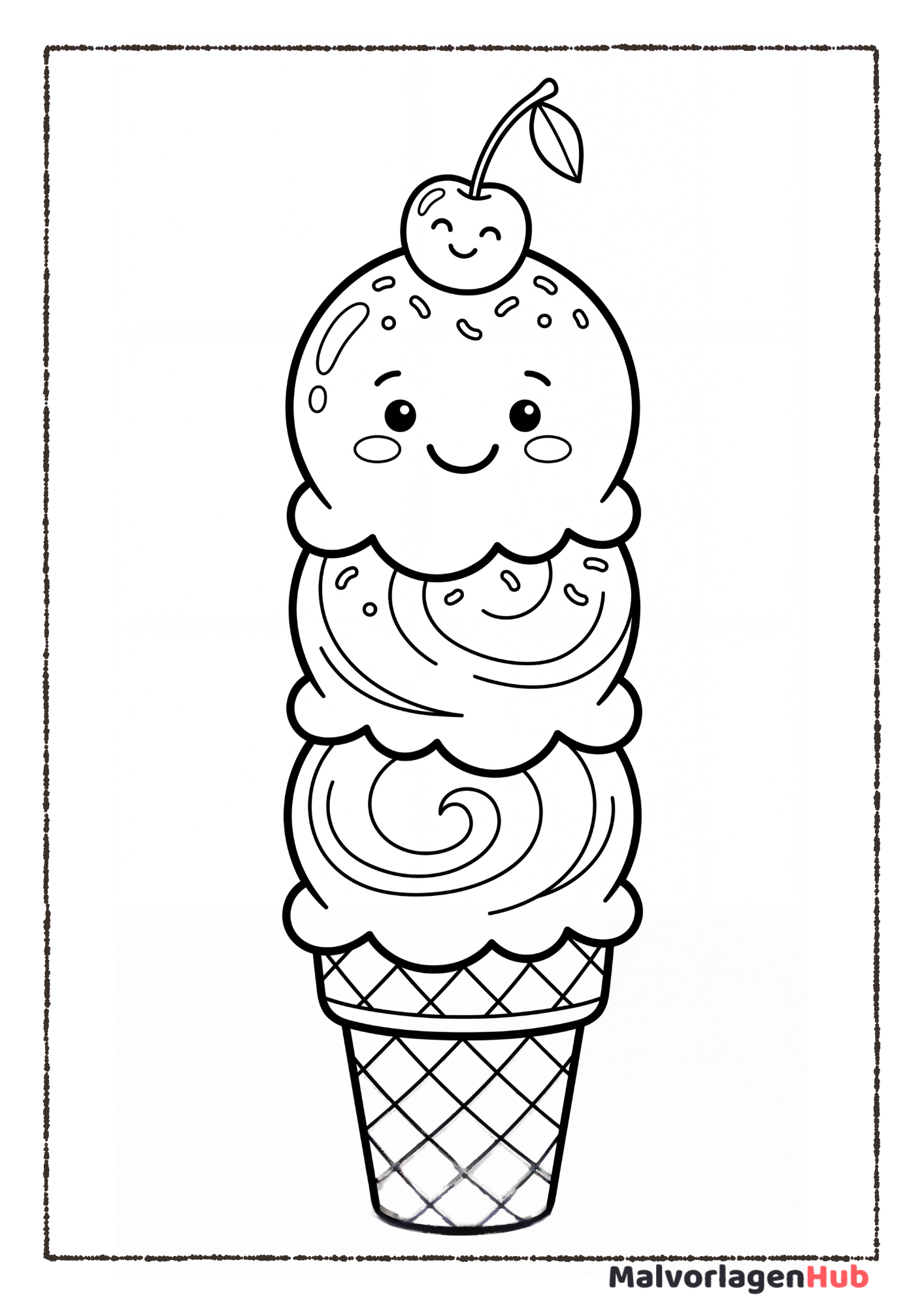 Eiswaffel mit drei Kugeln – kostenlose Sommer Malvorlage zum Ausdrucken
